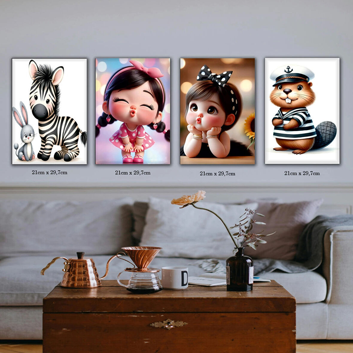 sevimli kız sincap zebra tavşan çocuk odası tabela HD baskılı 4lü kumaş baskı tablo resim
