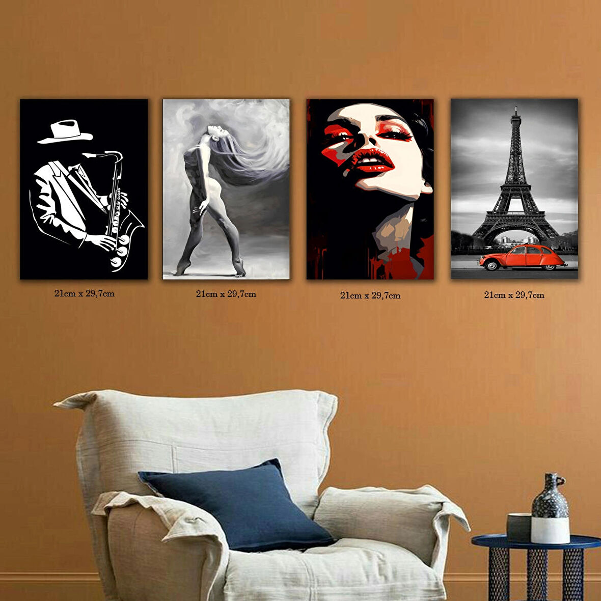 saksafon jazz müzik kadın eyfel kulesi tabela HD baskılı 4lü kumaş baskı tablo resim