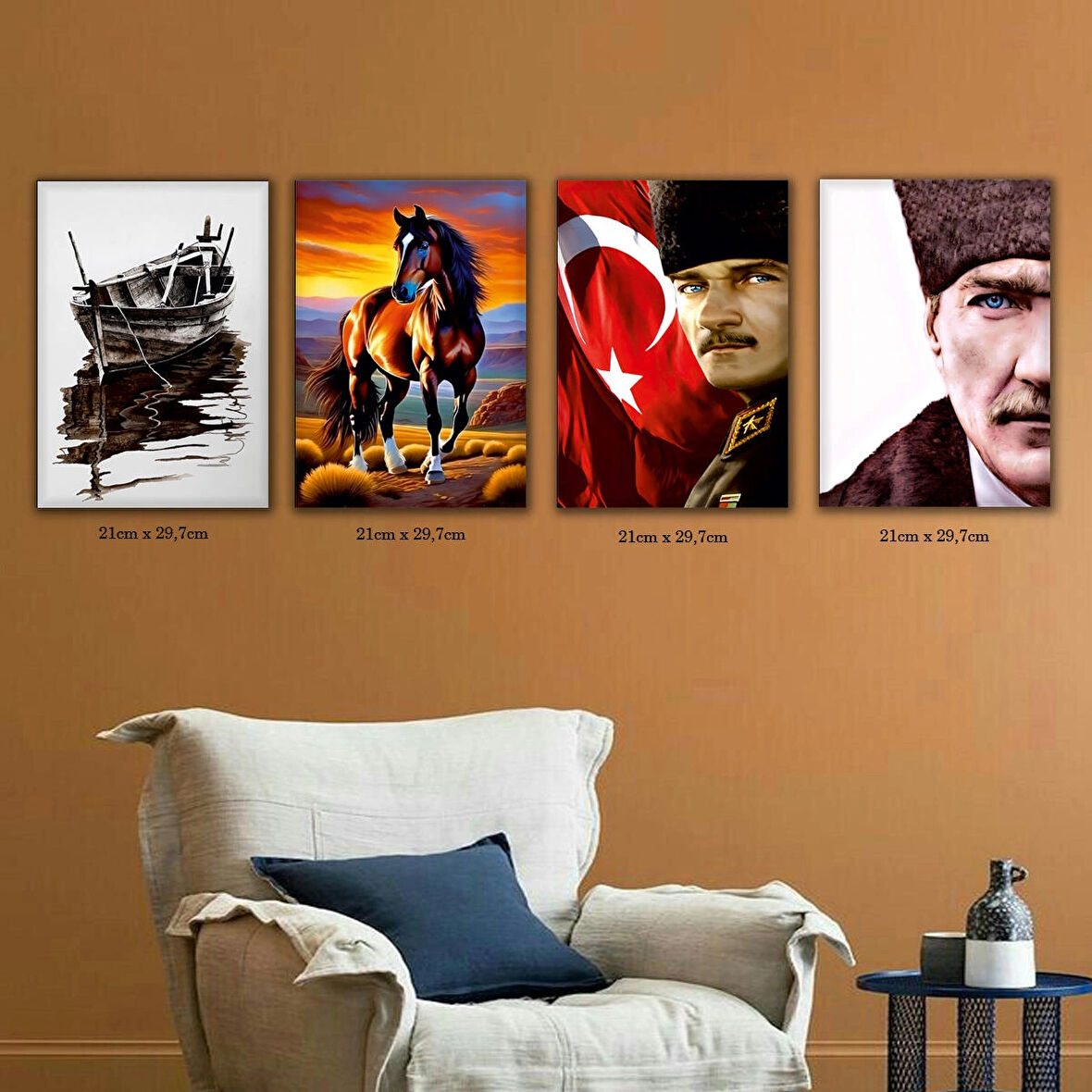 atatürk ayyıldızlı bayrak renkli at tekne tabela HD baskılı 4lü kumaş baskı tablo resim