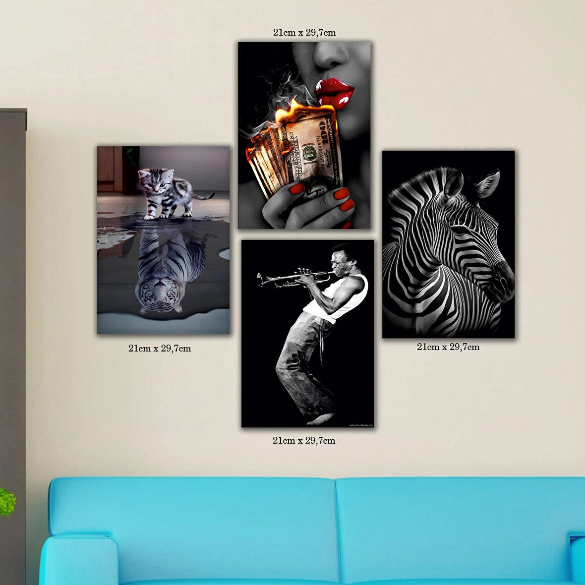 kedi kaplan kadın muzik zebra tabela HD baskılı 4lü kumaş baskı tablo resim