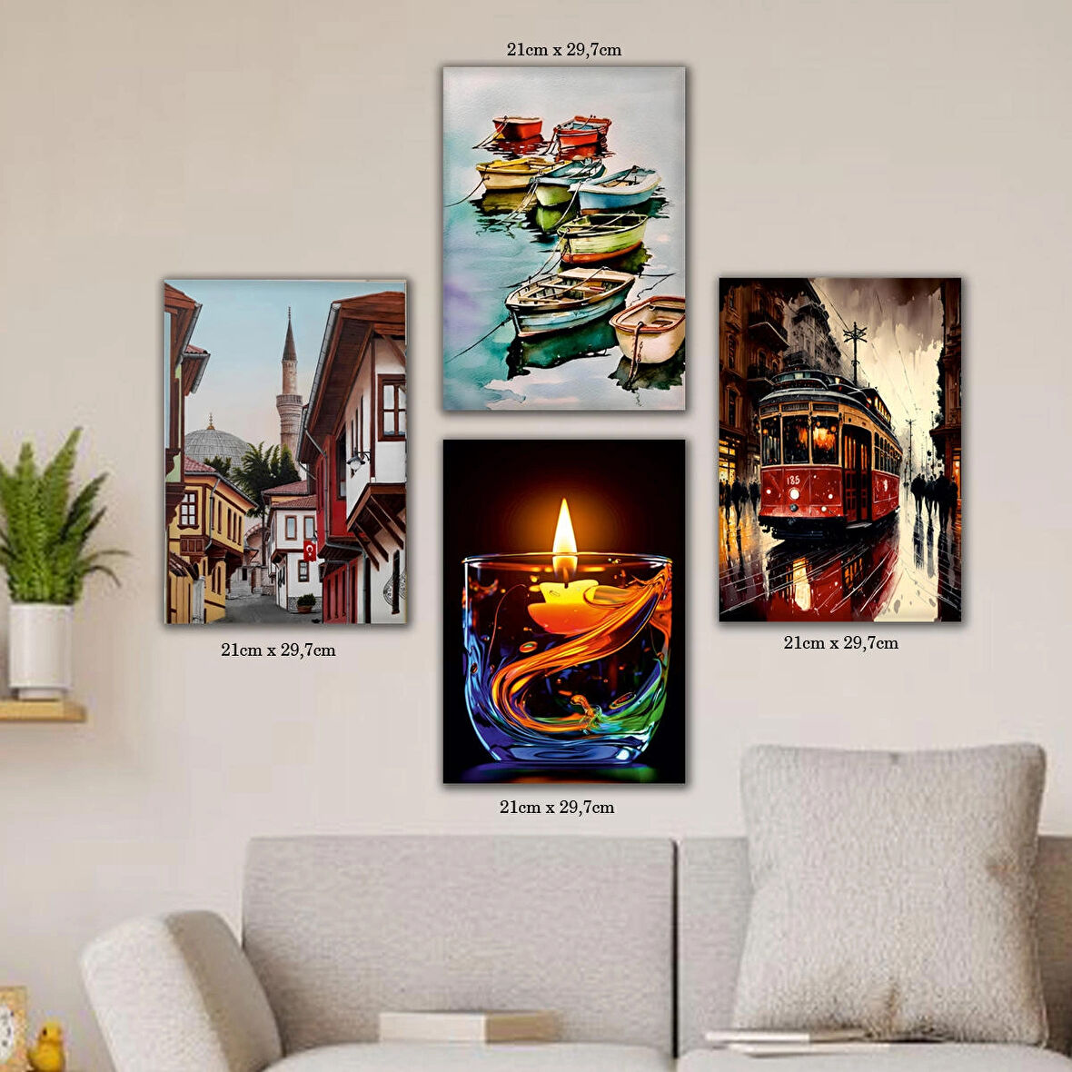tekneler mum ışık istanbul romantik tabela HD baskılı 4lü kumaş baskı tablo resim