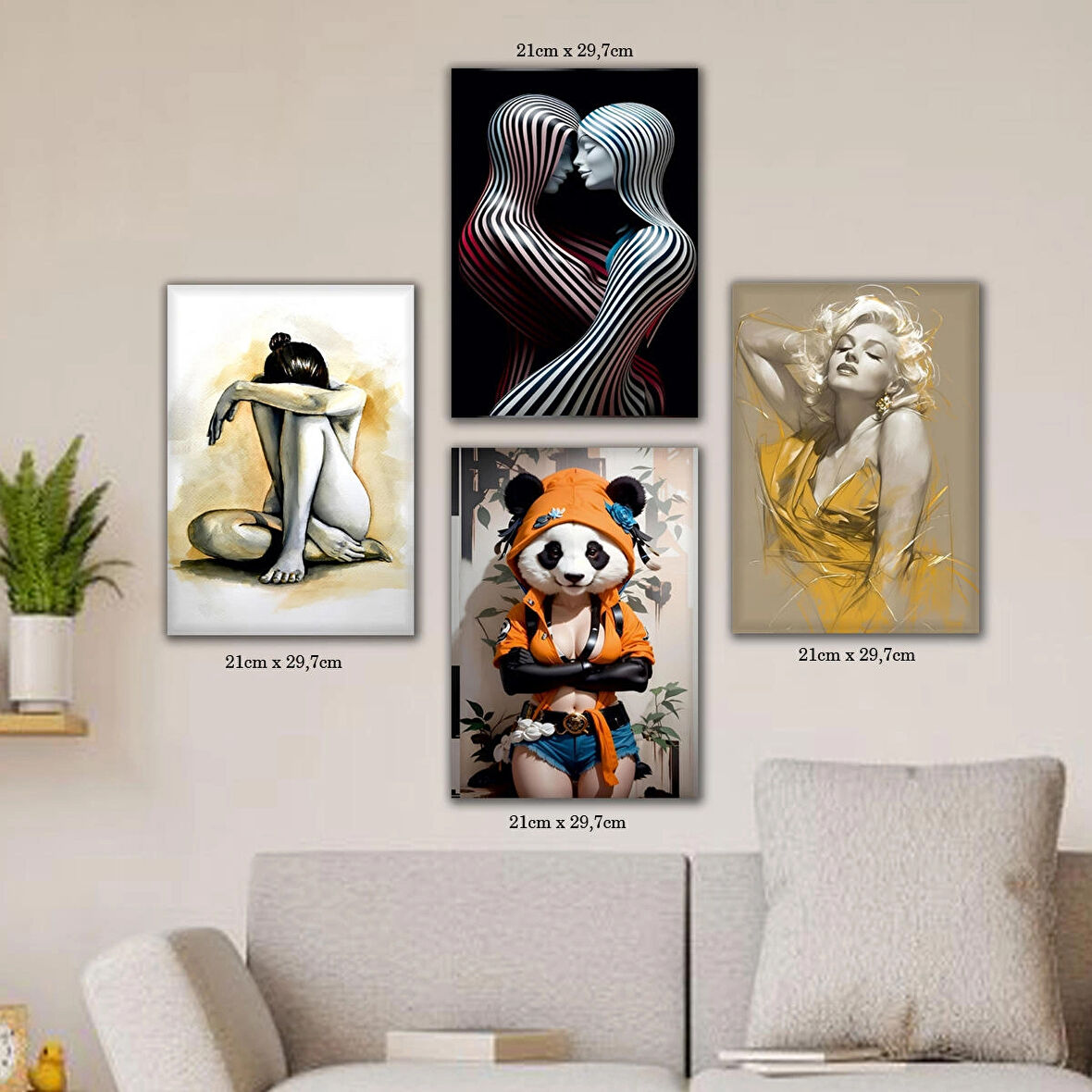 kadın aşk sarılmak panda giysili tabela HD baskılı 4lü kumaş baskı tablo resim