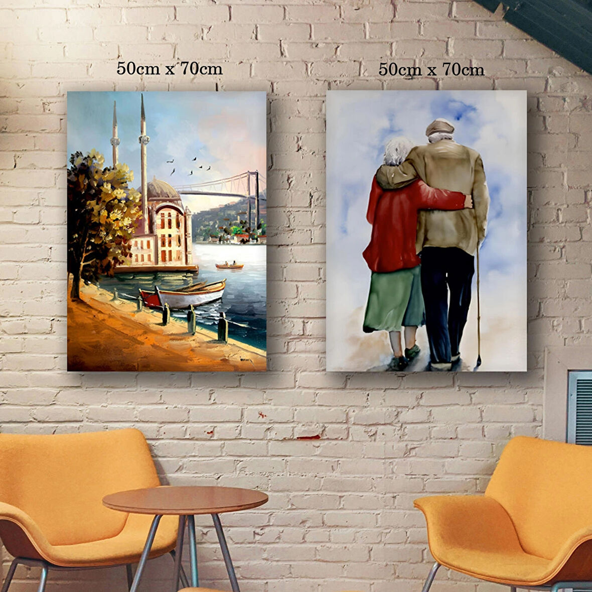 yaşlı çift eş ve ortaköy manzara kanvas tuval tablo resim 2 adet 50x70 HD baskı