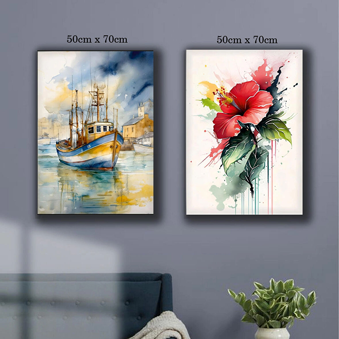 tekne çiçek sulu boya efecti kanvas tuval tablo resim 2 adet 50x70 HD baskı