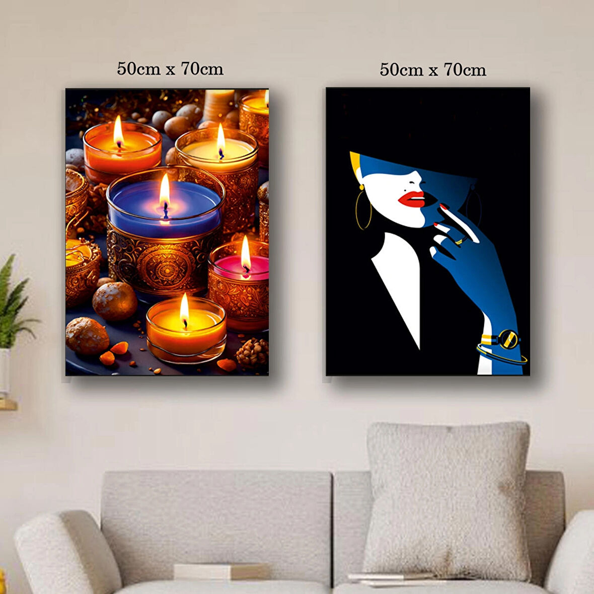 kadın gölgesi ve mumlar romantik kanvas tuval tablo resim 2 adet 50x70 HD baskı