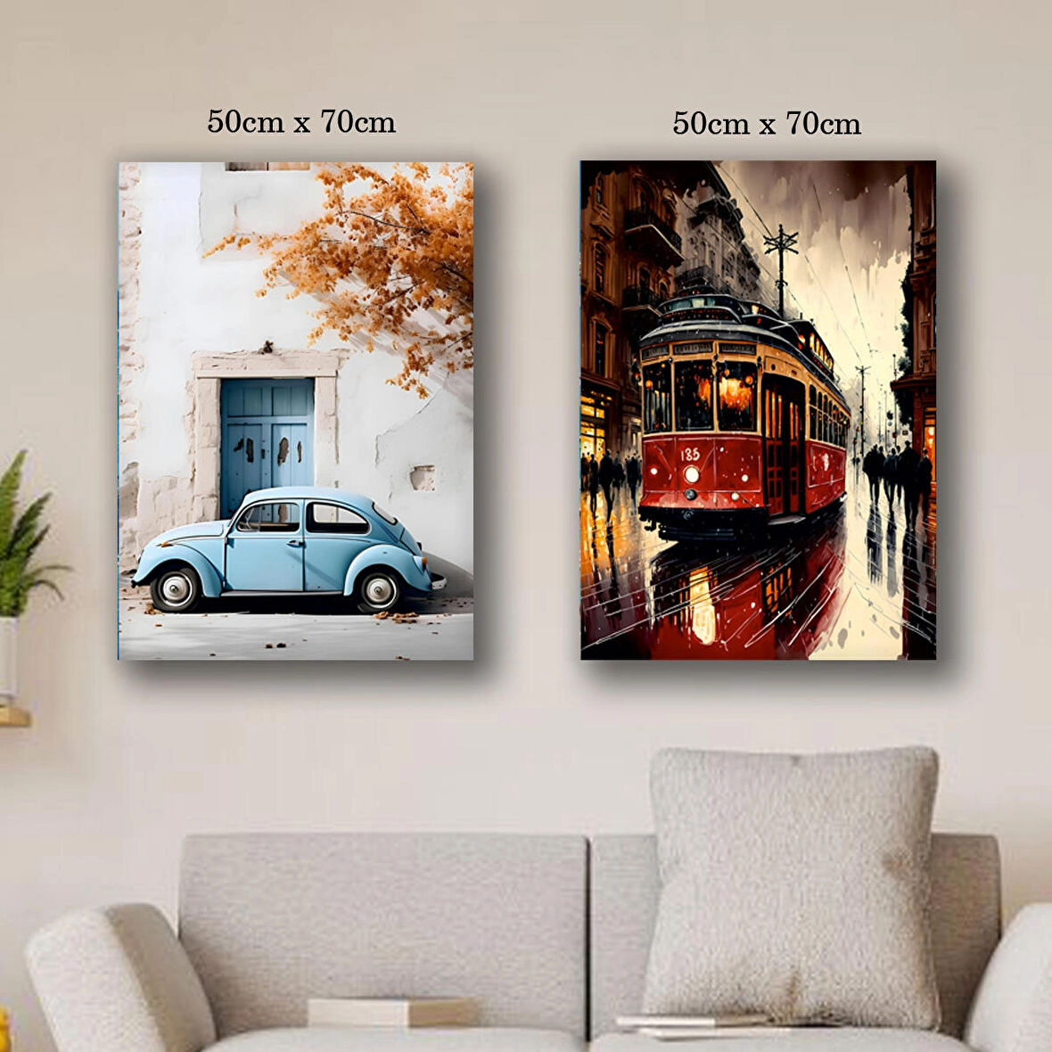 tranway eski evler bodrum kanvas tuval tablo resim 2 adet 50x70 HD baskı