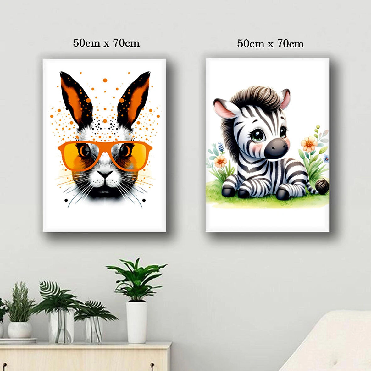 tavşan yavru zürafa kanvas tuval tablo resim 2 adet 50x70 HD baskı