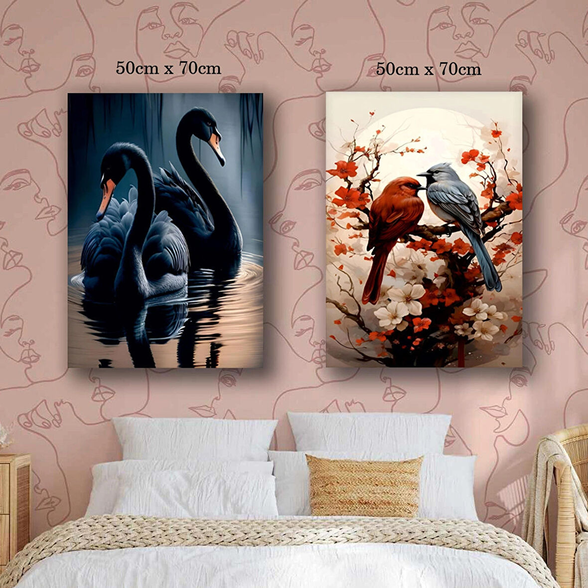 siyah kuğu daldaki kuş kanvas tuval tablo resim 2 adet 50x70 HD baskı