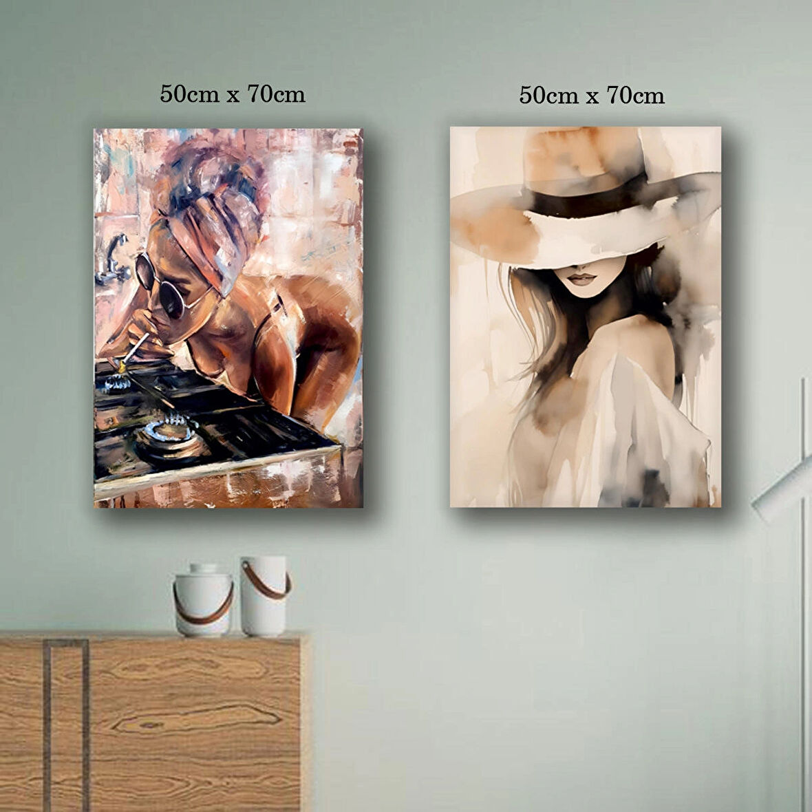 kadın poz şapkalı kanvas tuval tablo resim 2 adet 50x70 HD baskı