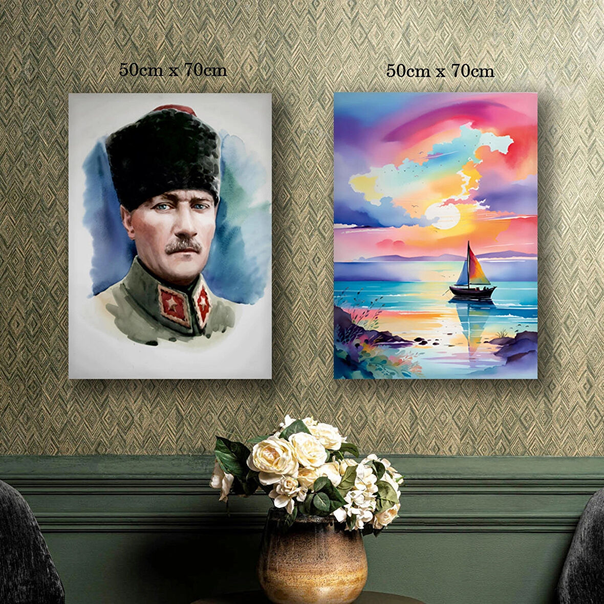 gazi atatürk gün batımı tekne kanvas tuval tablo resim 2 adet 50x70 HD baskı