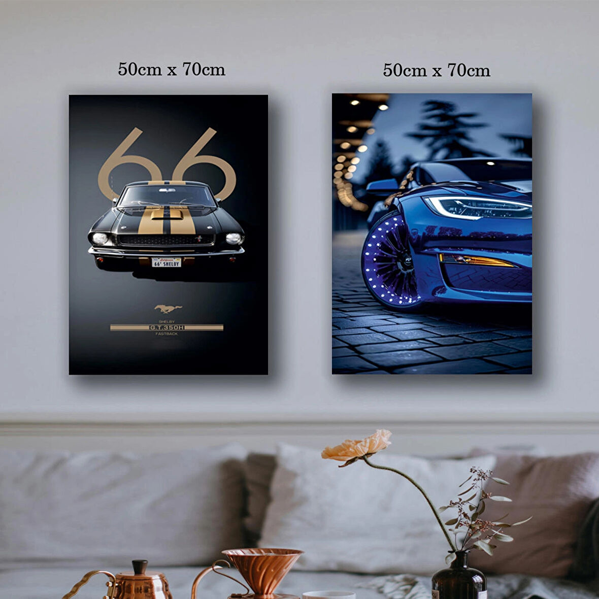 klasik araba ve spor araba kanvas tuval tablo resim 2 adet 50x70 HD baskı