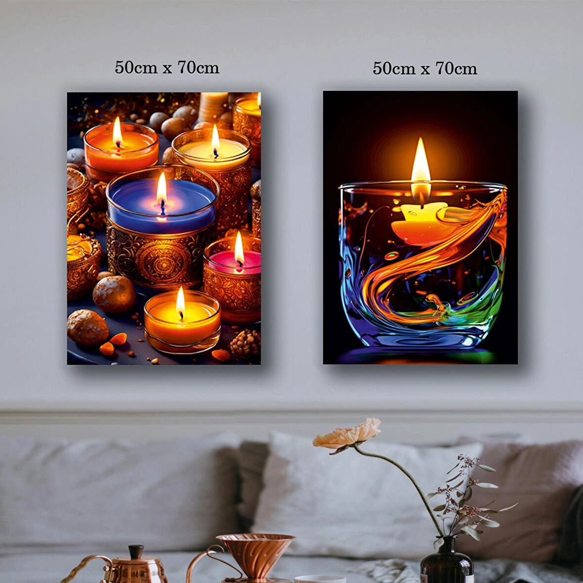 bardak mum renkli sakinlik kanvas tuval tablo resim 2 adet 50x70 HD baskı