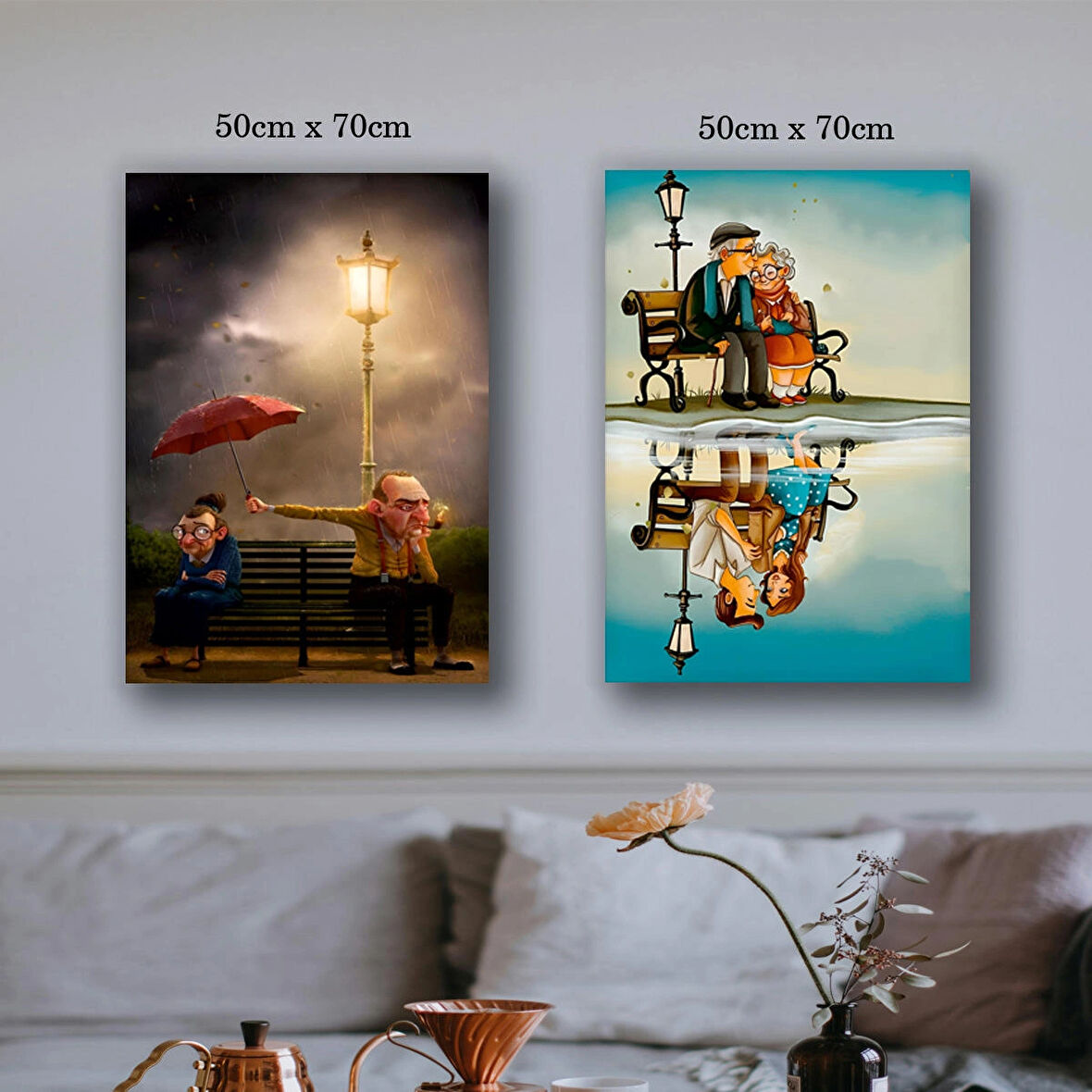 sevimli küs yaşlı çift aşk kanvas tuval tablo resim 2 adet 50x70 HD baskı