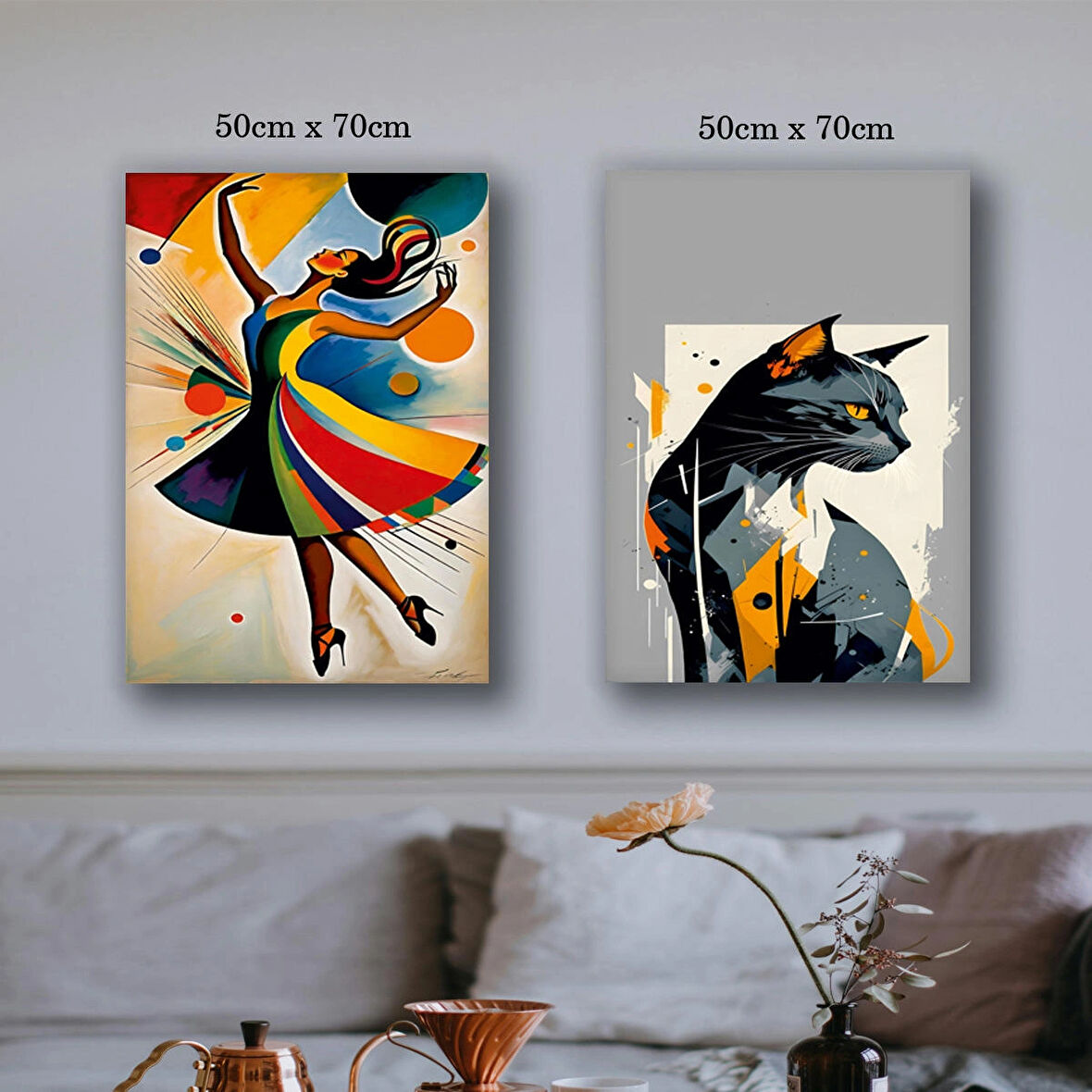 kedi ve dans eden kadın kanvas tuval tablo resim 2 adet 50x70 HD baskı