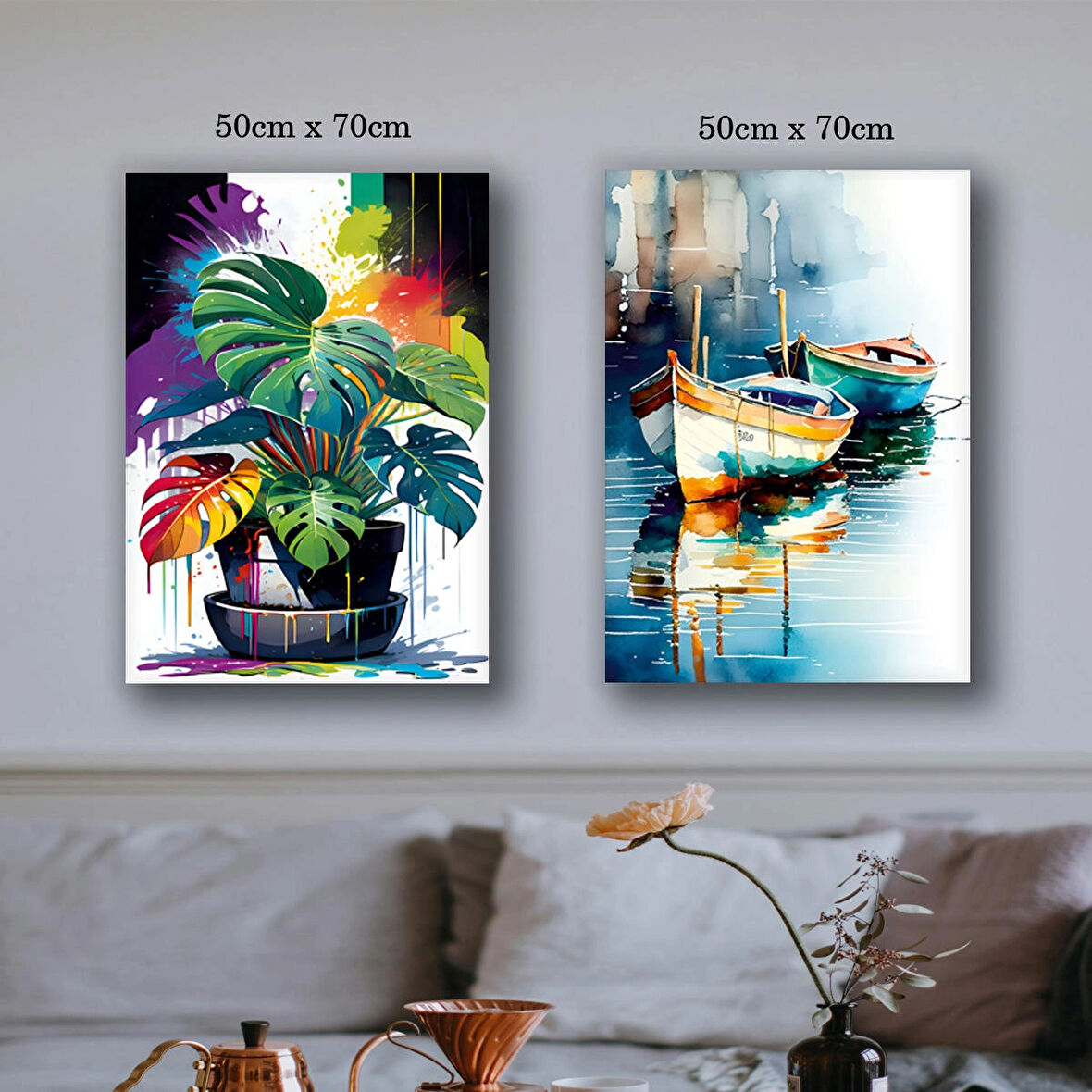 deniz tekneler saksıda çiçek kanvas tuval tablo resim 2 adet 50x70 HD baskı