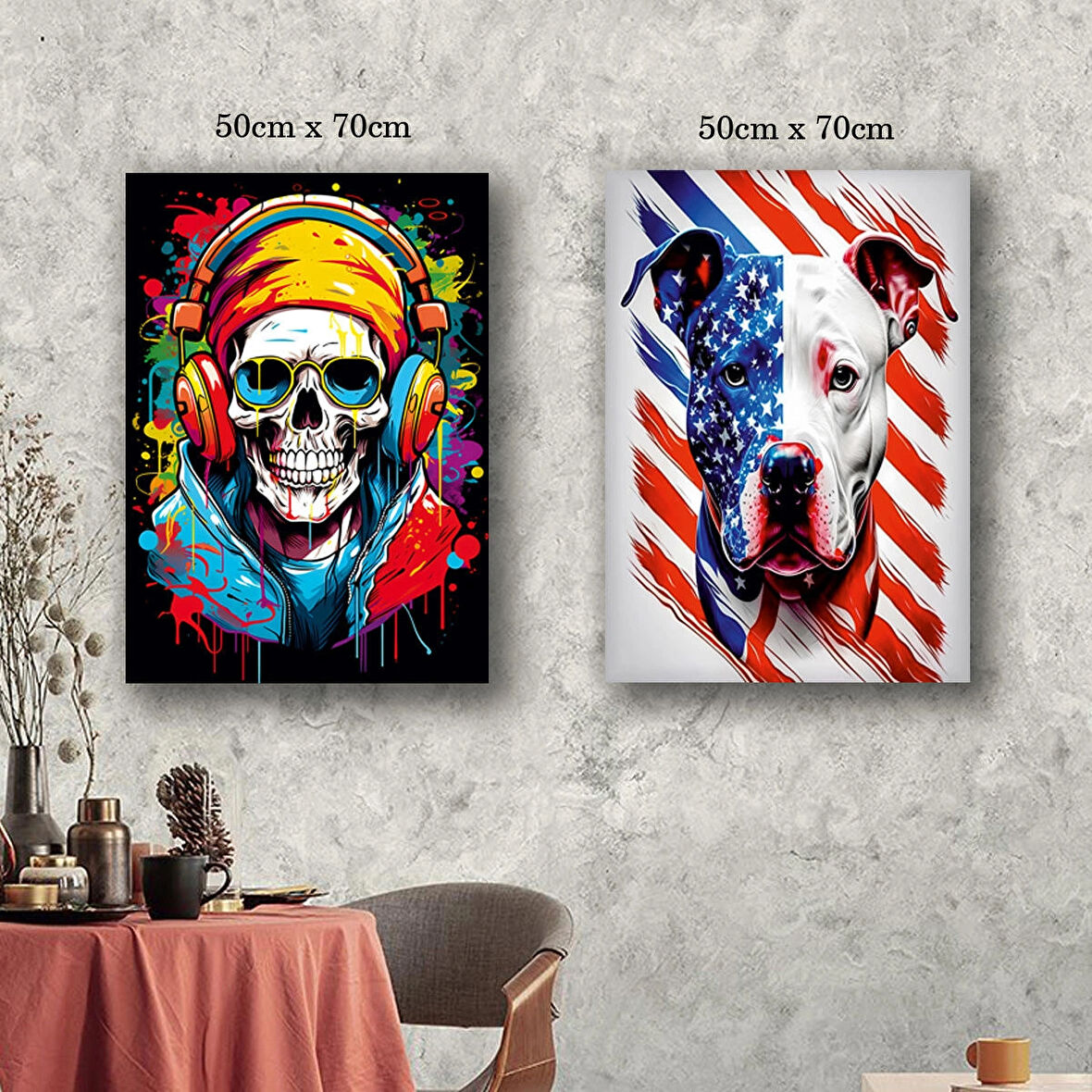 amerikan pitbull köpek ve iskelet kanvas tuval tablo resim 2 adet 50x70 HD baskı
