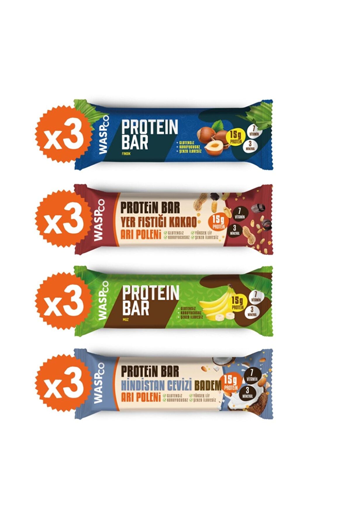 WaspCo Yüksek Protein Bar Mini Paket 50g 4 Çeşit 12 Adet