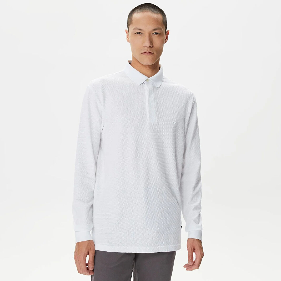Erkek Slim Fit Uzun Kollu Polo - Beyaz | XS