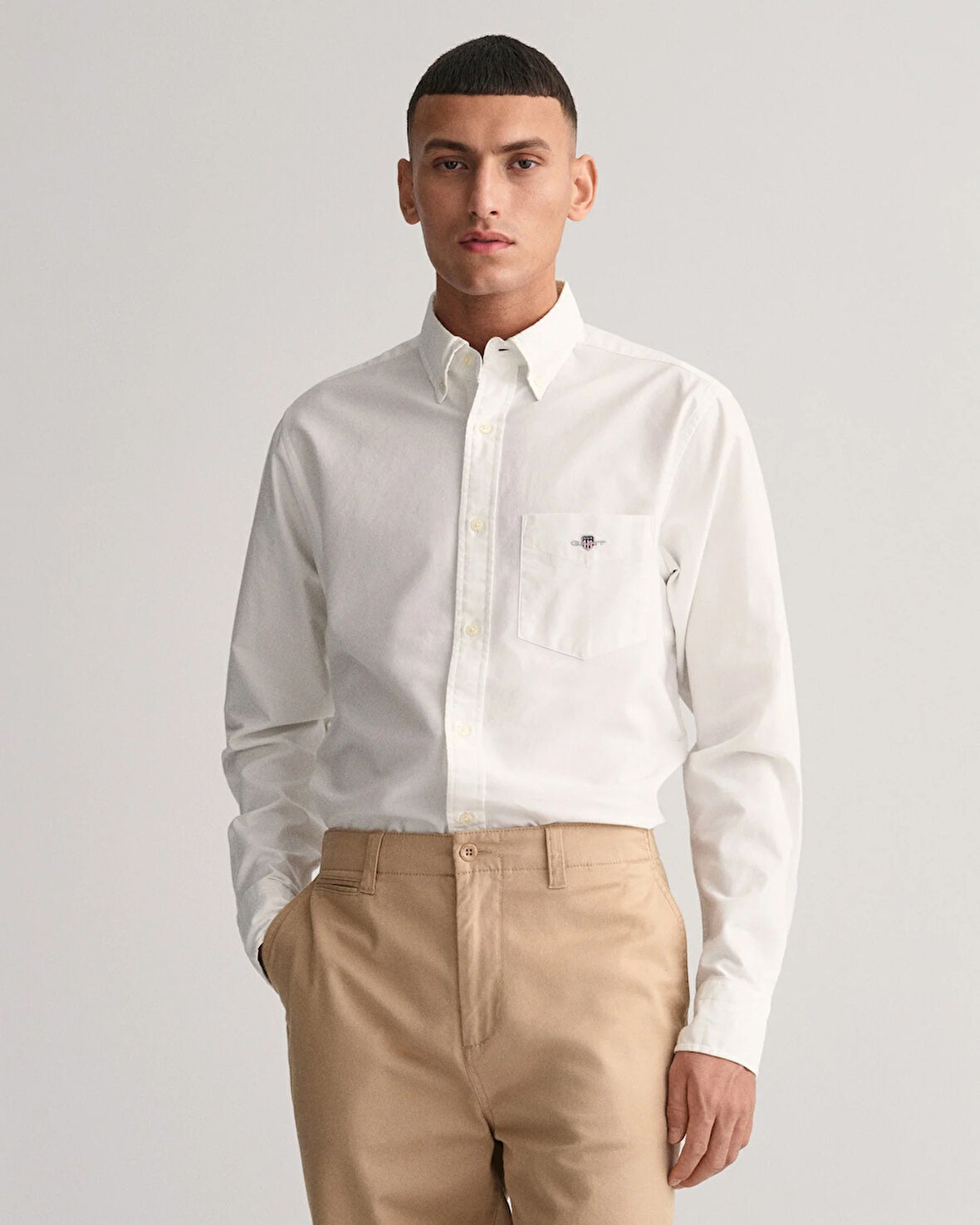 Erkek Regular Fit Düğmeli Yaka Oxford Gömlek-Beyaz | XL