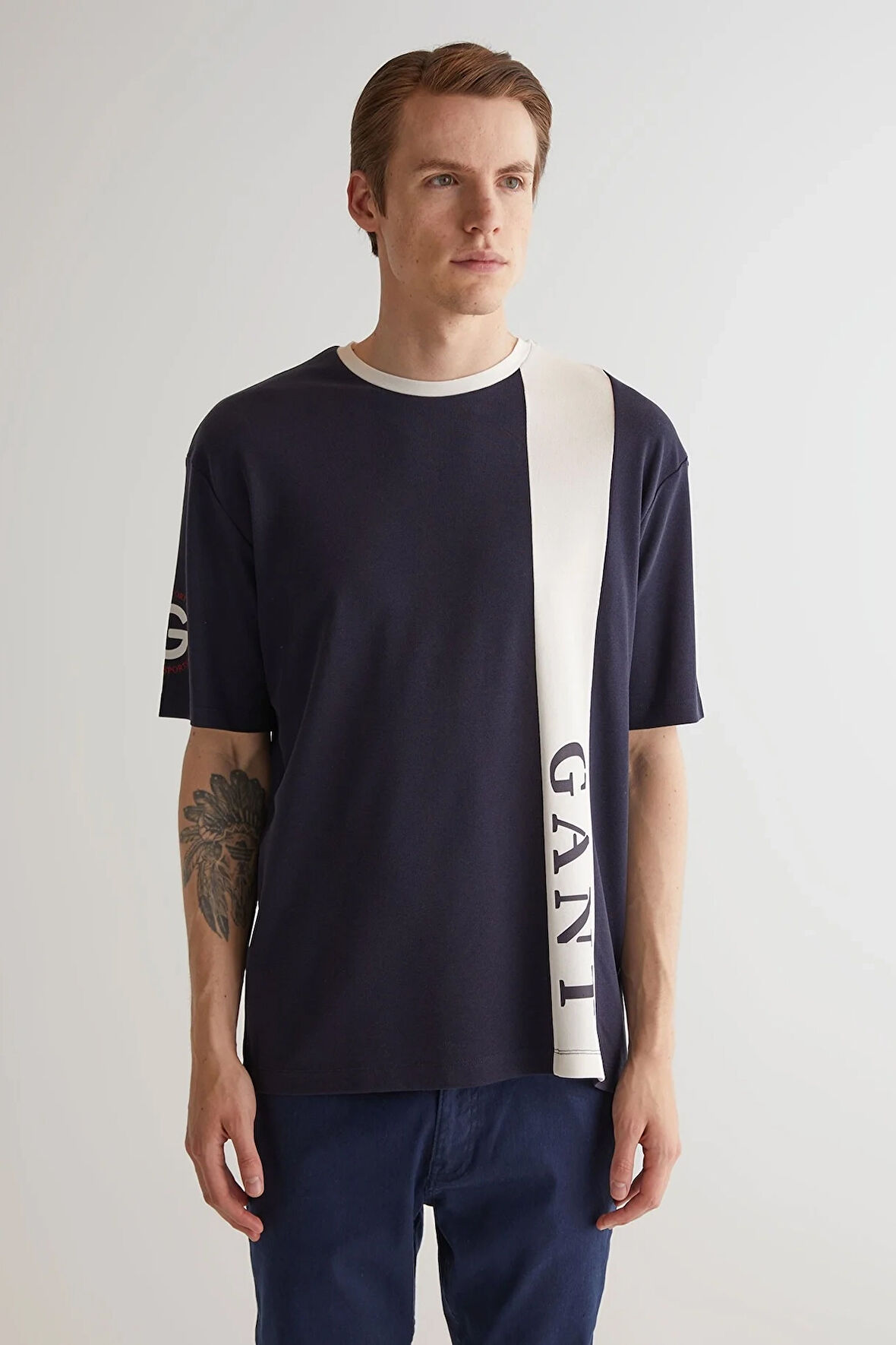 Erkek Oversize Fit Bisiklet Yaka Logolu T-shirt - Lacivert  | S