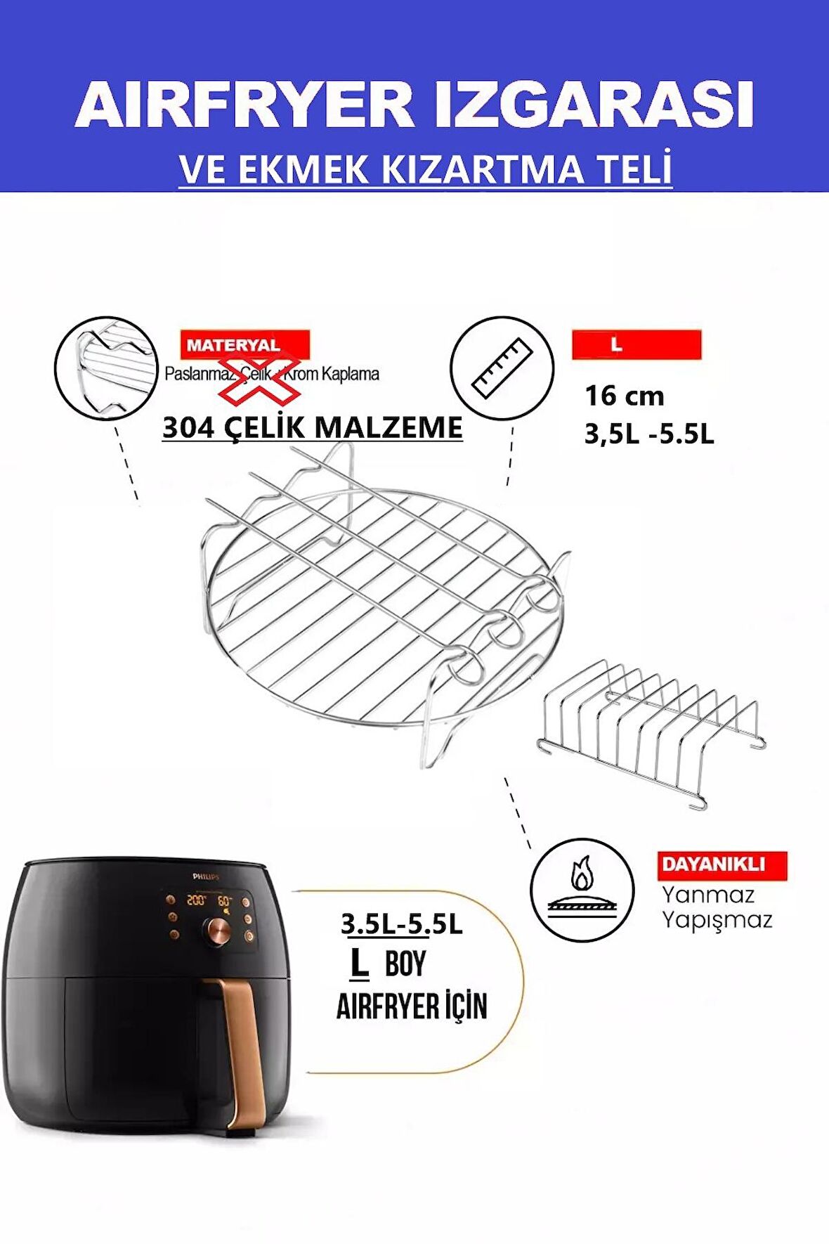 Tefal EY2018 Easy Fry Yağsız Fritöz Airfryer, 4,2 Litre ile Uyumlu Izgara Teli ,Ekmek Kızartma