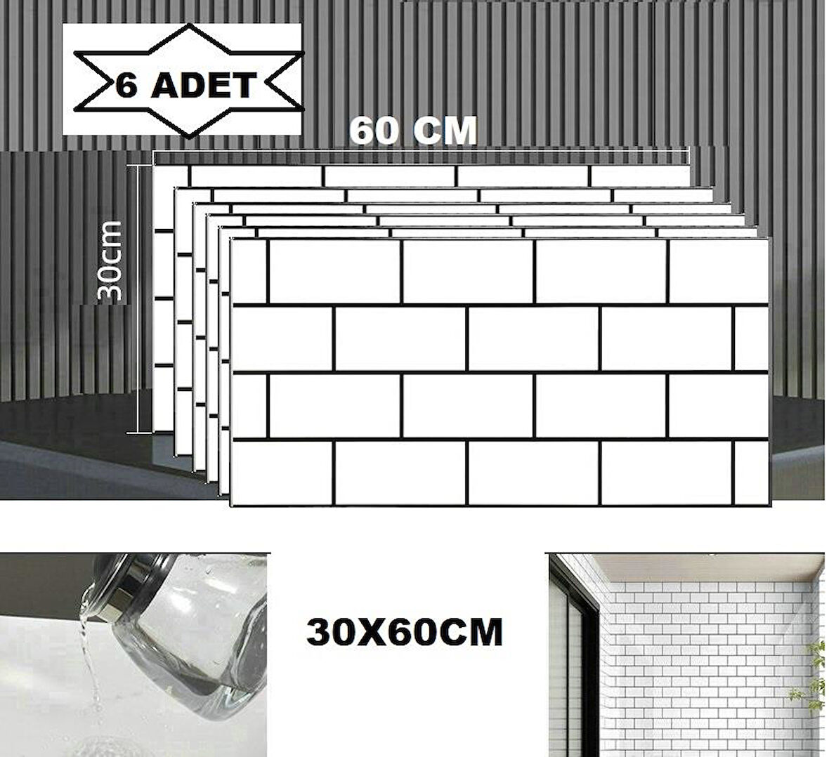 6 Adet 60x30cm Beyaz Tuğla Desen Yapışkanlı Karavan Prefabrik Banyo Wc Duvar Paneli Shiny-19