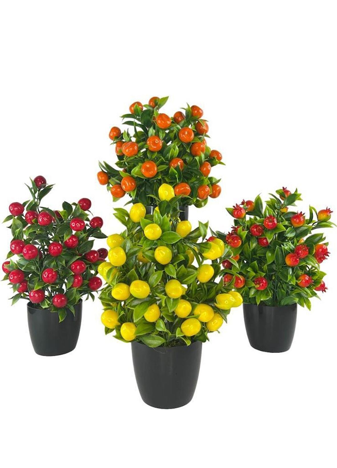 4lü Set Yapay Çiçek Kiraz Nar Limon Ve Mandalina Ağacı Siyah Saksıda 30cm