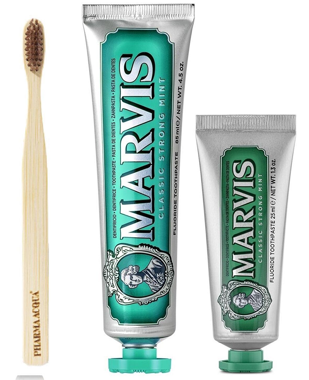 Marvis Classic Strong Mint Nane Aromalı Beyazlatma Doğal Diş Macunu 85 ml & Diş Macunu 25 ml ve Diş Fırçası 