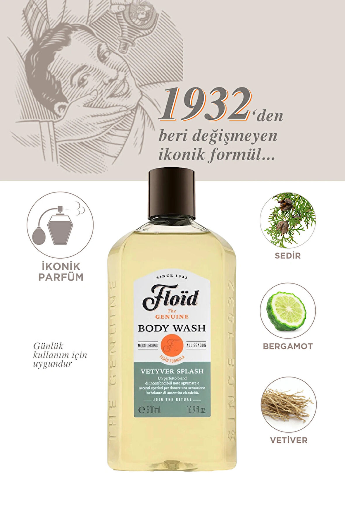 Floid Floïd Vetyver Splash Vücut Jeli Erkekler için Vetyver Splash 500ml