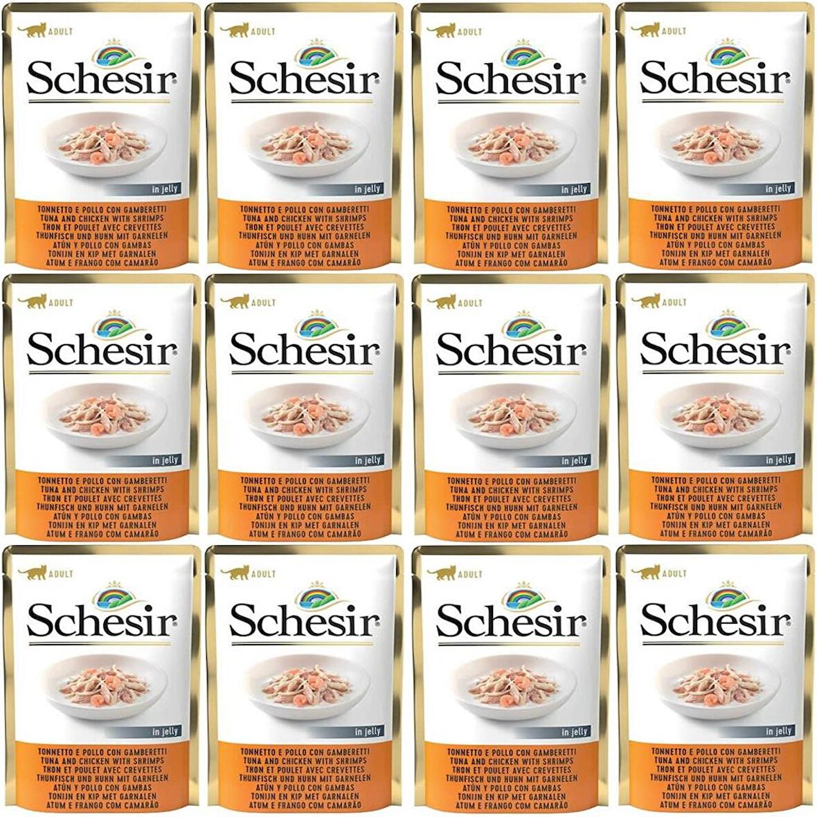 Schesir Pouch Jelly Tavuklu Karidesli Kıyılmış Yaş Kedi Maması 85 Gr*12 Adet