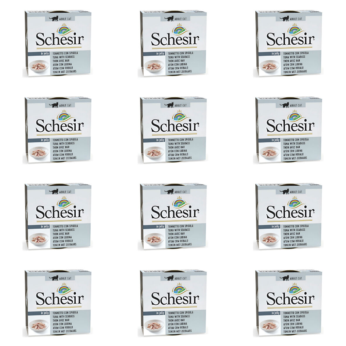 Schesir Jöle İçinde Ton Balıklı ve Levrekli Yetişkin Kedi Konservesi 85 Gr (12 Adet)