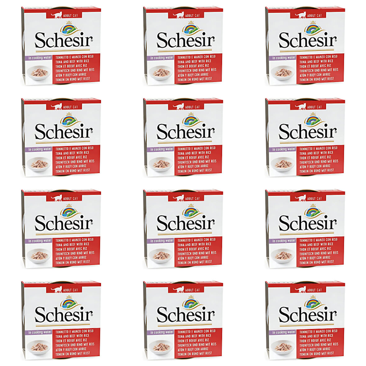 Schesir Suda Pişmiş Ton Balıklı Sığır Etli ve Pirinçli Yetişkin Kedi Konservesi 85 Gr (12 Adet)