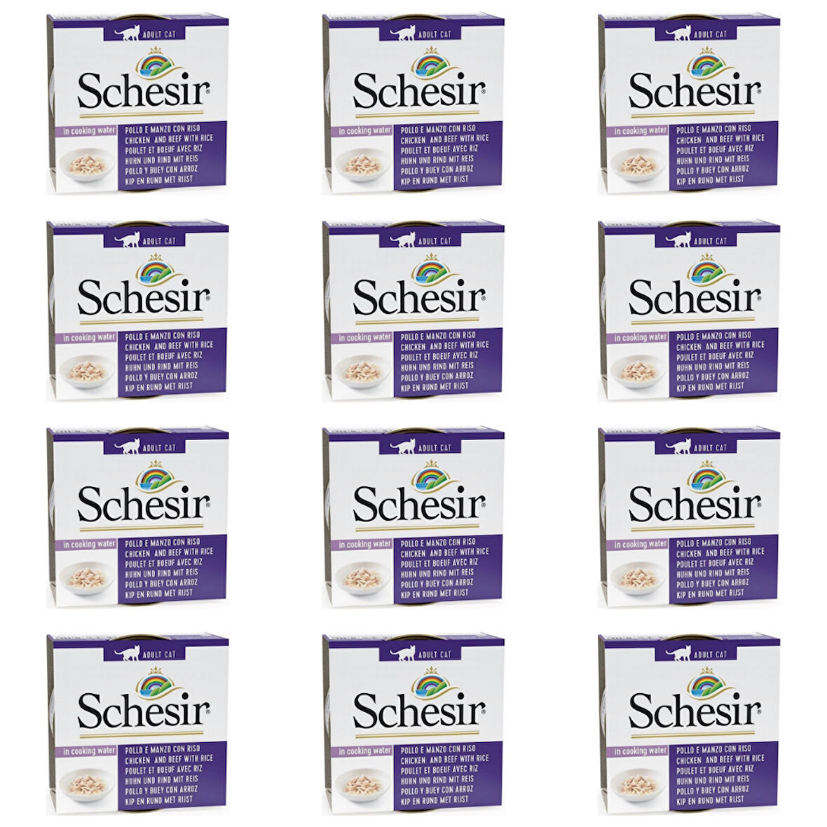 Schesir Doğal Tavuk Etli Sığır Etli ve Pirinçli Yetişkin Kedi Konservesi 85 Gr (12 Adet)