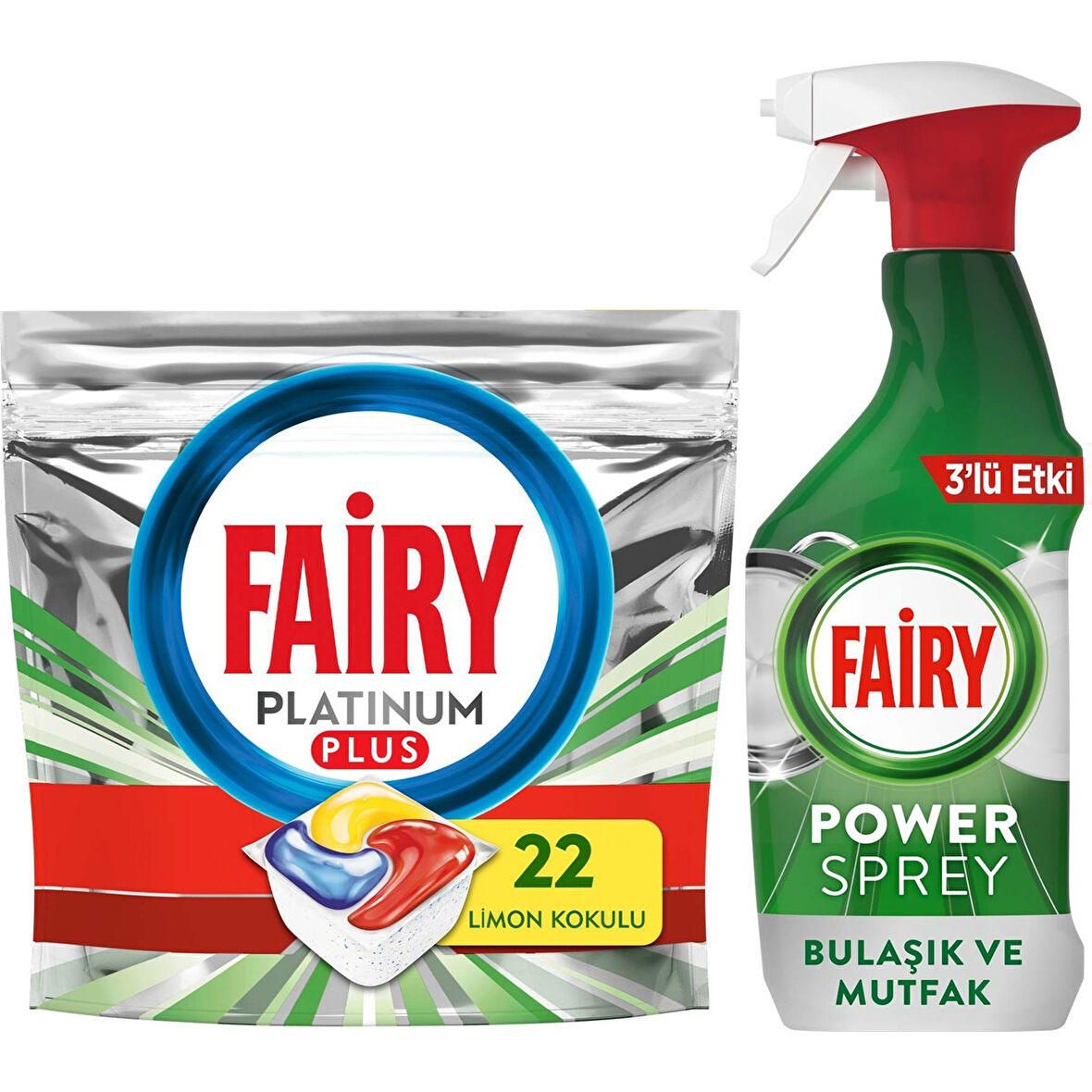 Platinum Plus 22 Yıkama Bulaşık Makinesi Kapsülü + Fairy Power Sprey 3’ü 1 Arada Bulaşık ve Mutfak 500 ml