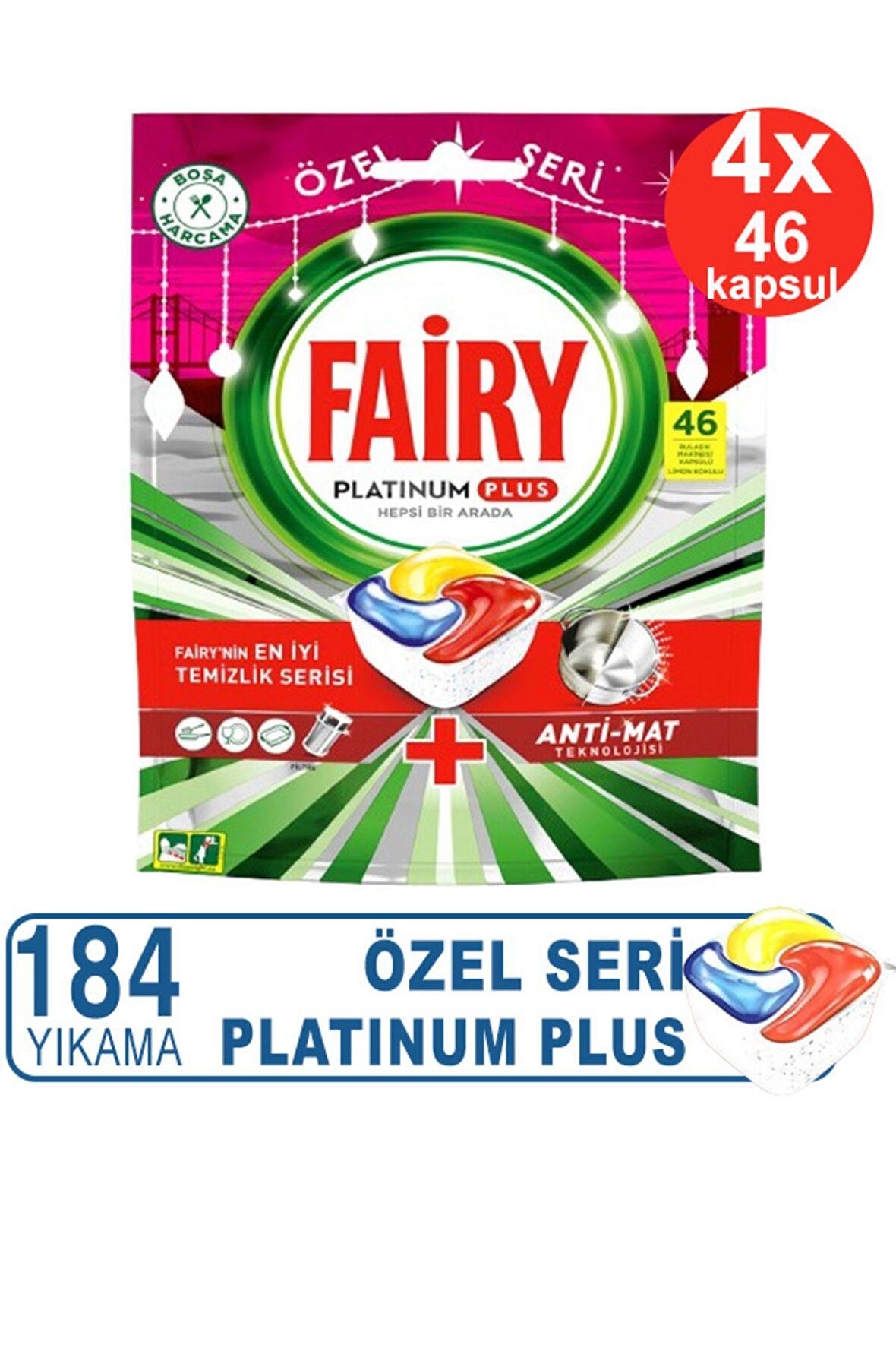 Platinum Plus Bulaşık Makinesi Deterjanı Limon 184 Yıkama 46 Tablet X 4 Adet