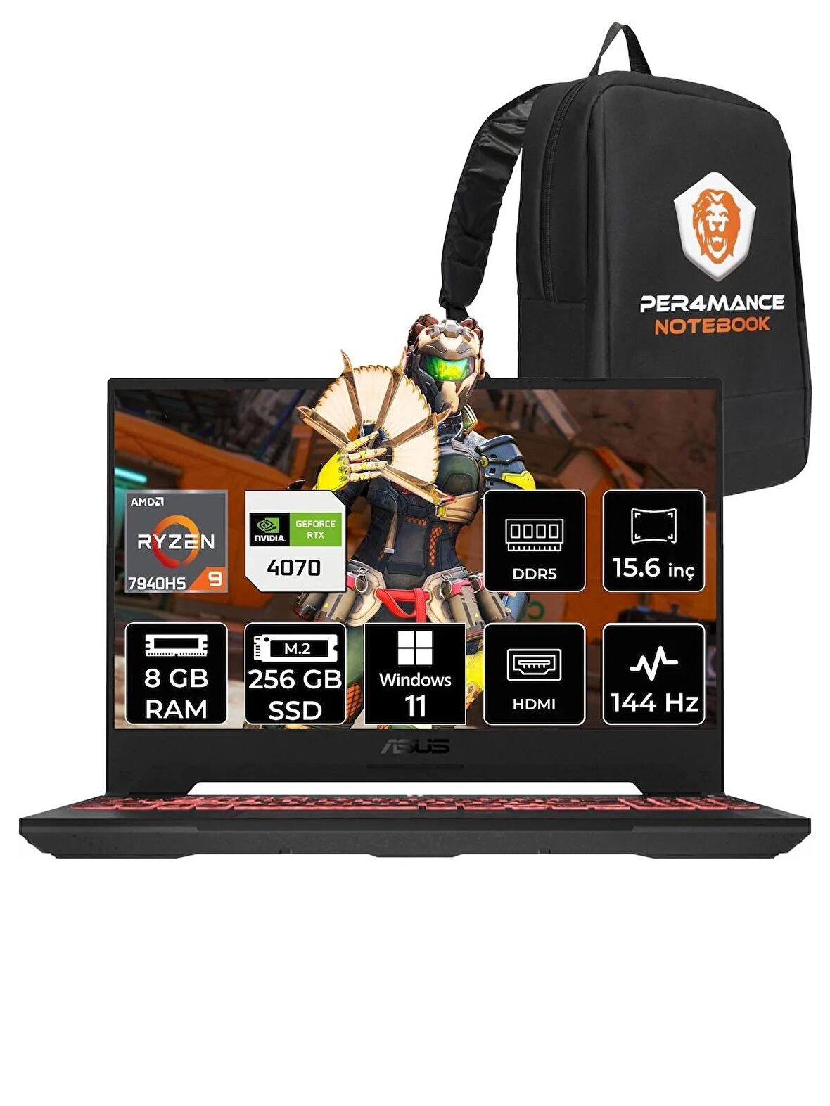 Asus TUF Gaming A15 R9 7940HS 8GB 256GB SSD RTX4070/8GB 144HZ 15.6" FHD W11PRO LP042 & PER4 ÇANTA