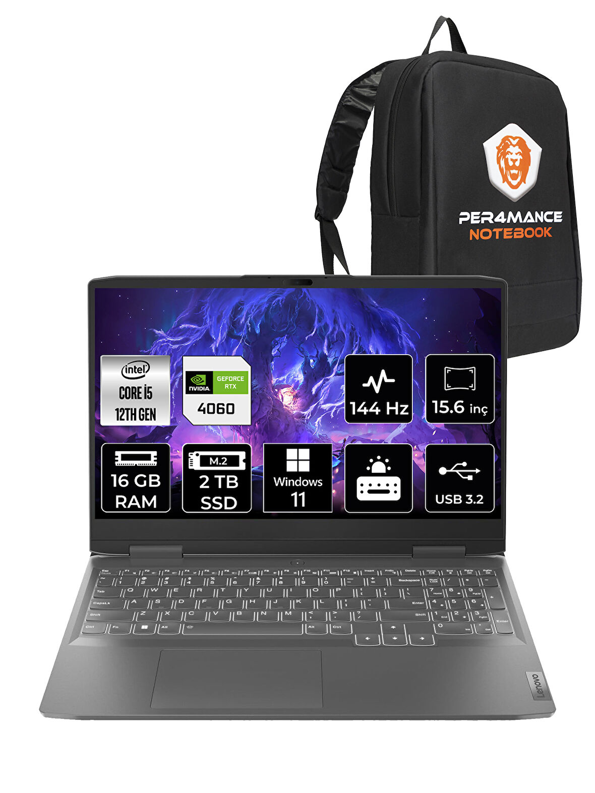 Lenovo LOQ  i5-12450H 16GB 2TB SSD RTX4060/8GB 15.6" FHD 144Hz W11H 82XV00NKTX & PER4 ÇANTA