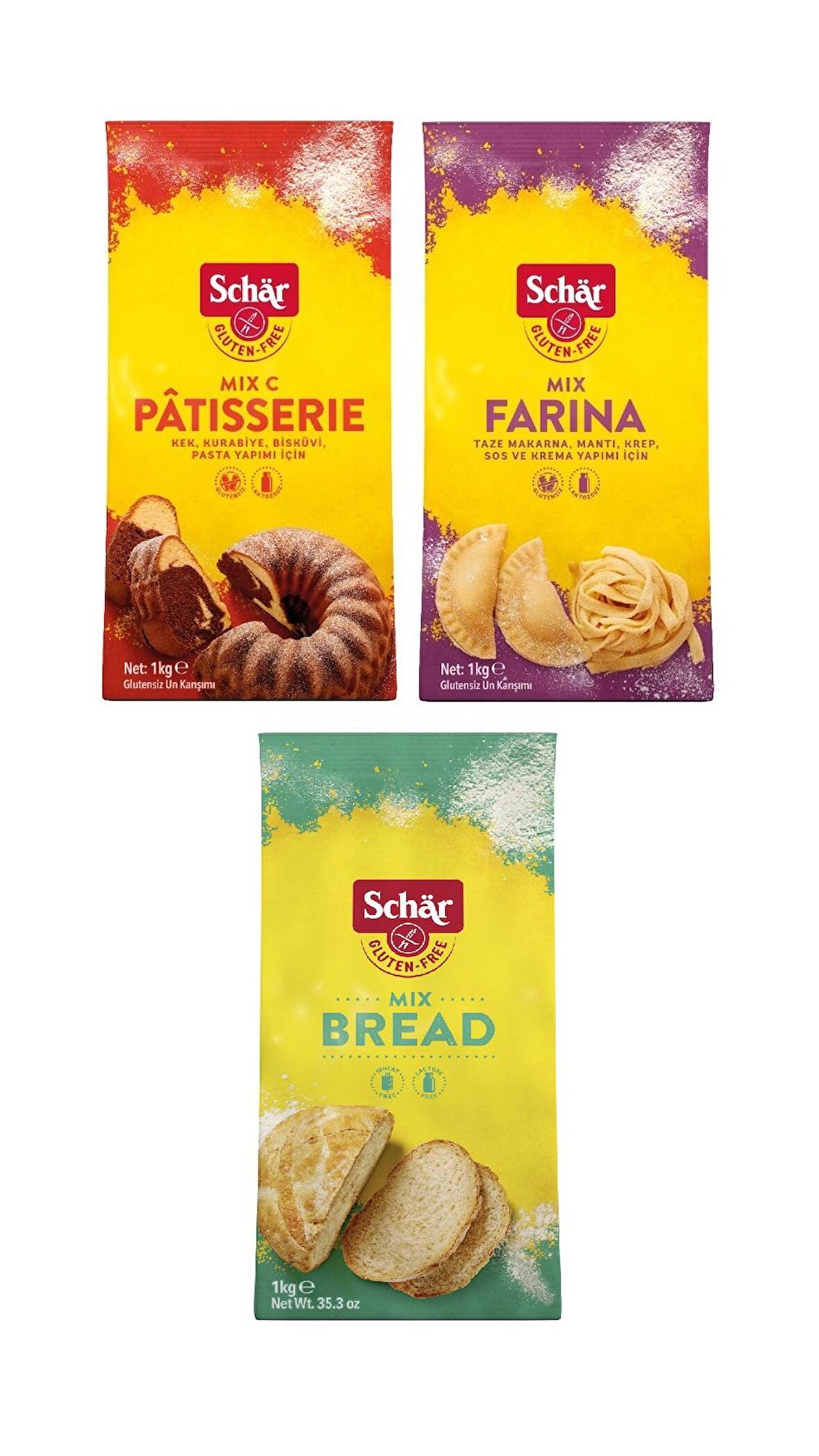 Schar 3'lü Glutensiz Un Seti Ekmek-Pasta ve Makarna Unu 1 kg 3 Adet Mix B-Mix C-Farina