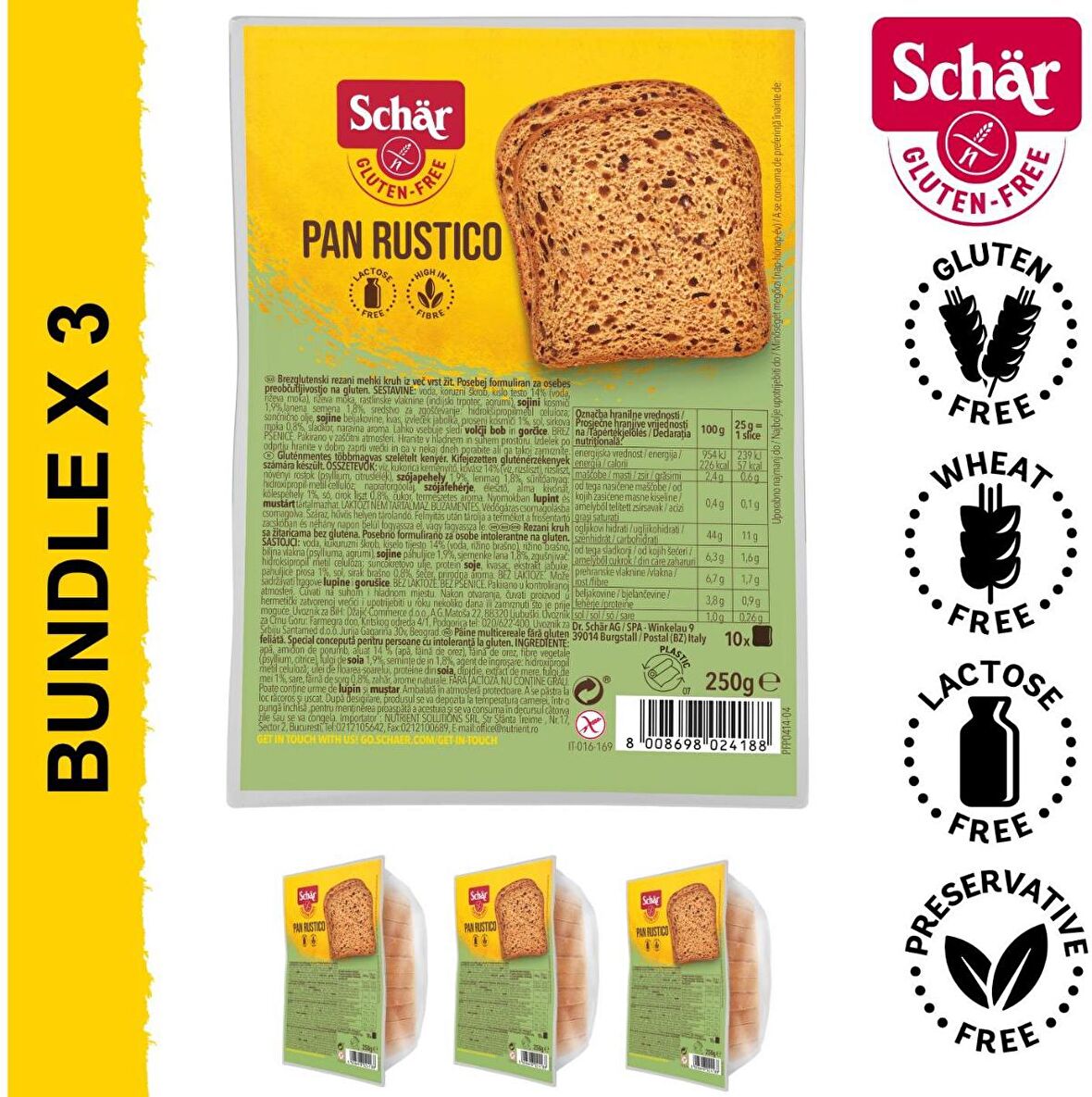 Schar Pan Rustico Glutensiz Lifli Ekmek 250 gr 3 Adet