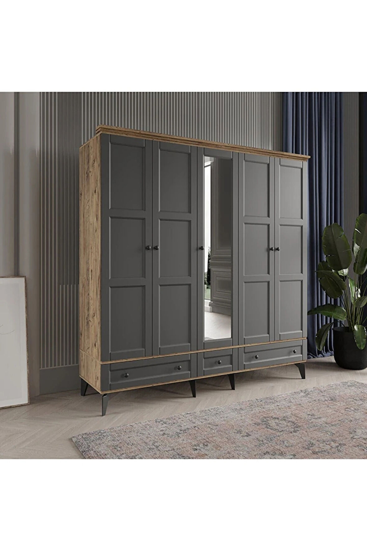 TOPRAK 5 KAPAKLI ANTRASİT GARDIROP TAMAMI MDF
