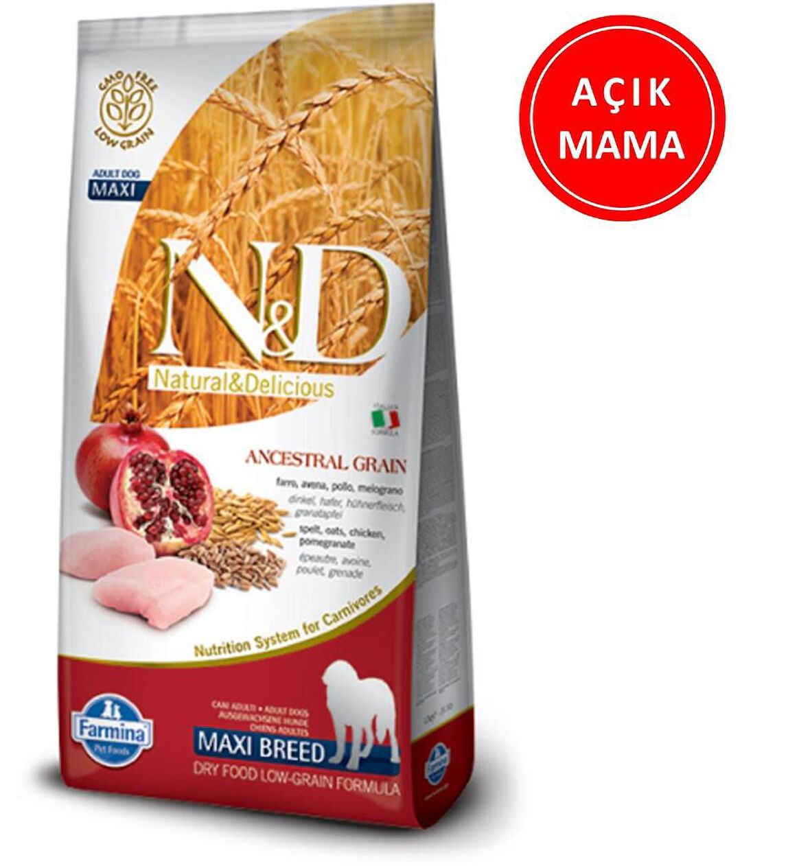 ND Düşük Tahıllı Tavuklu Narlı Büyük Irk Köpek Maması 1 Kg AÇIK