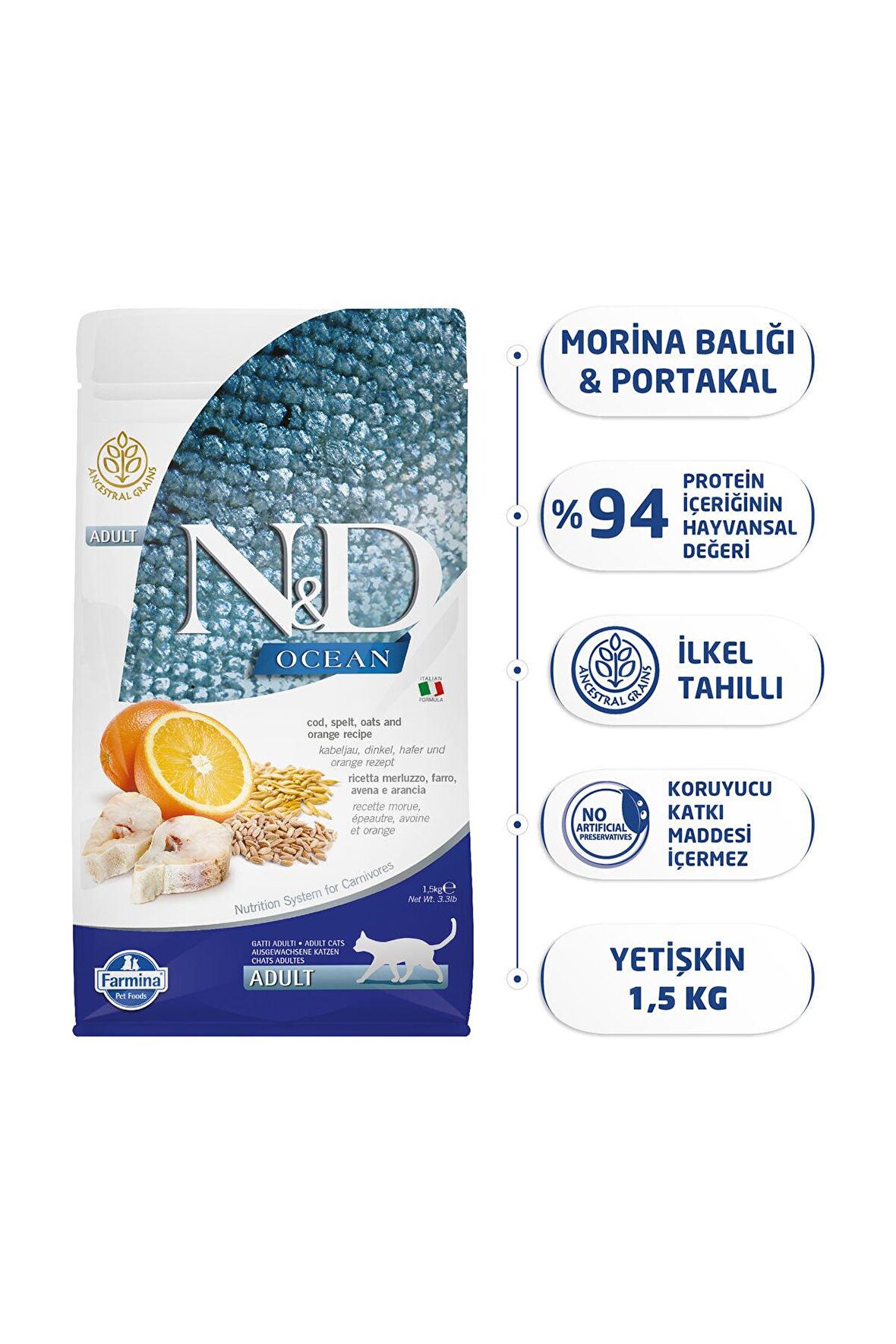 N&D Ocean Düşük Tahıllı Morina Balıklı Portakallı Yetişkin Kedi Maması 1,5 Kg