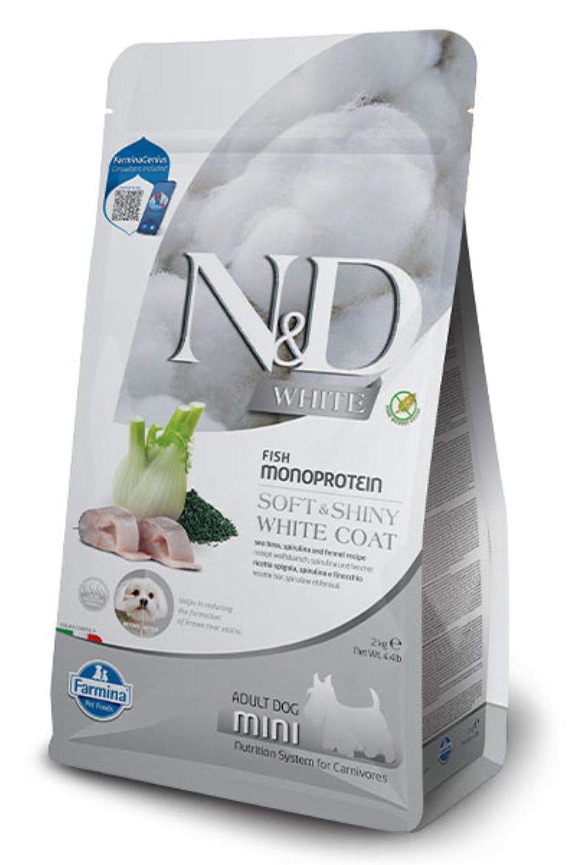 N&D WHITE DOG Levrek, Pirinç, Rezene Ve Spirulina Küçük Irk Yetişkin Beyaz Köpek Maması 2 Kg