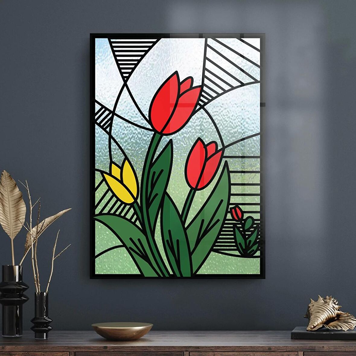 Decovetro Cam Tablo Vitray Lale Desenli