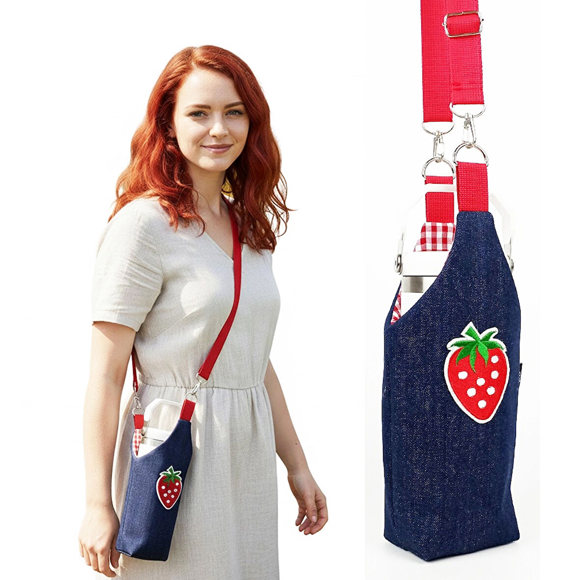 Woodycord El Yapımı U Model Kot Matara Termos Kılıfı Çilek iceflow 0,89