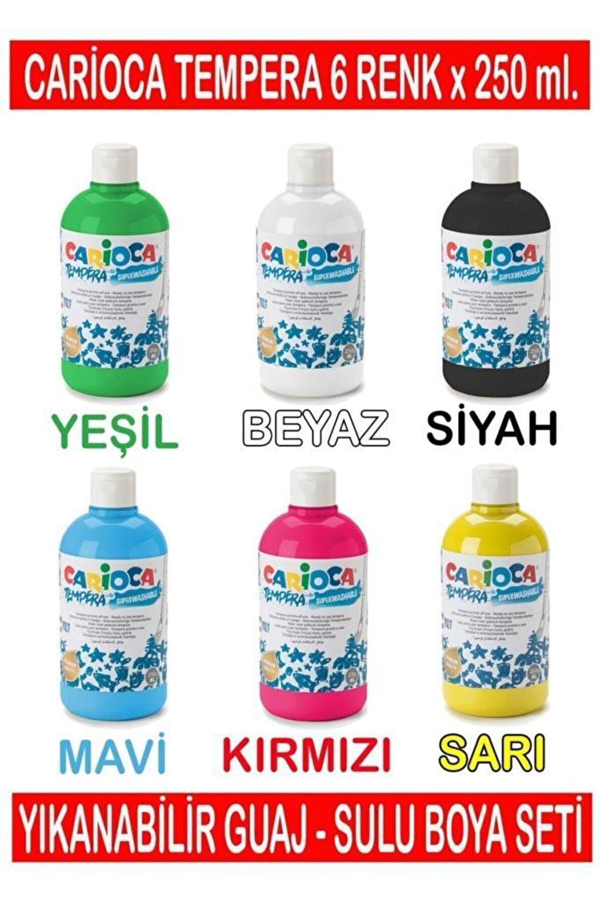 Carioca Tempera Süper Yıkanabilir Guaj - Sulu Boya Seti 6 Renk x 250 Ml.