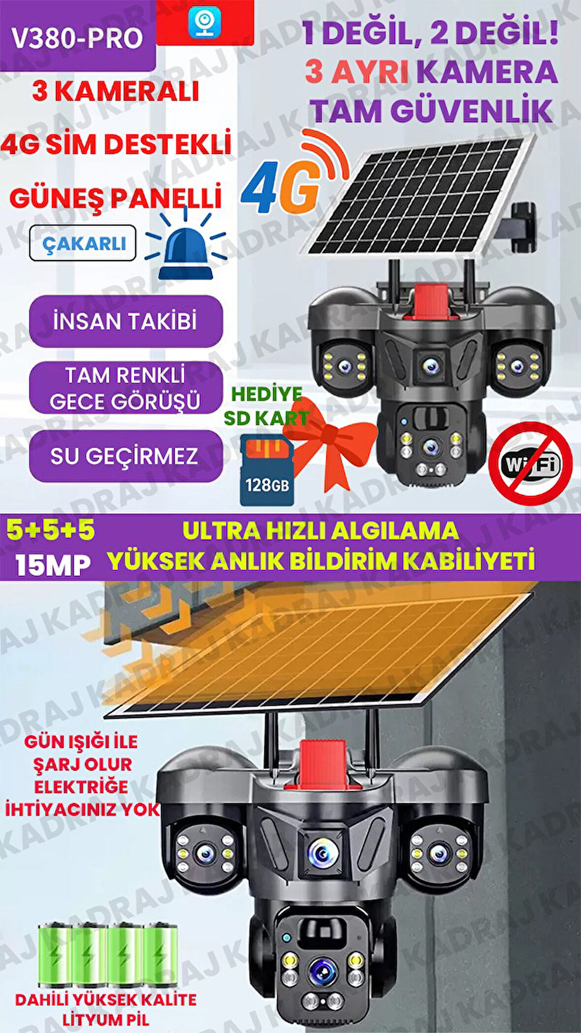 15MP 3 Kameralı Sim Kartlı Kamera, Solar Panelli Kamera,İnsan Algılama, Hareket Takibi, Sesli Alar, 