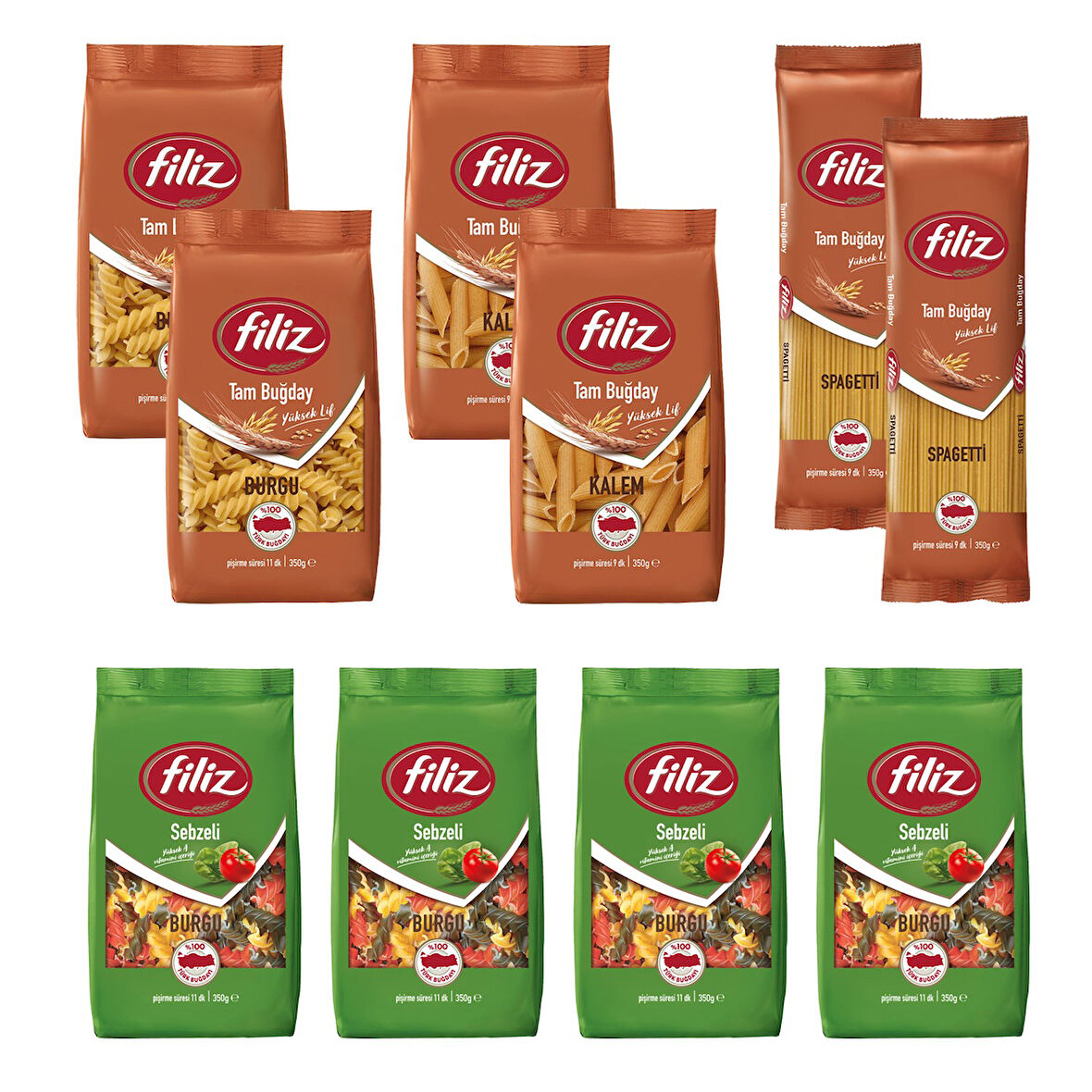 Filiz Tam Buğdaylı ve Sebzeli Makarna 350 gr 10 lu Karma Paket