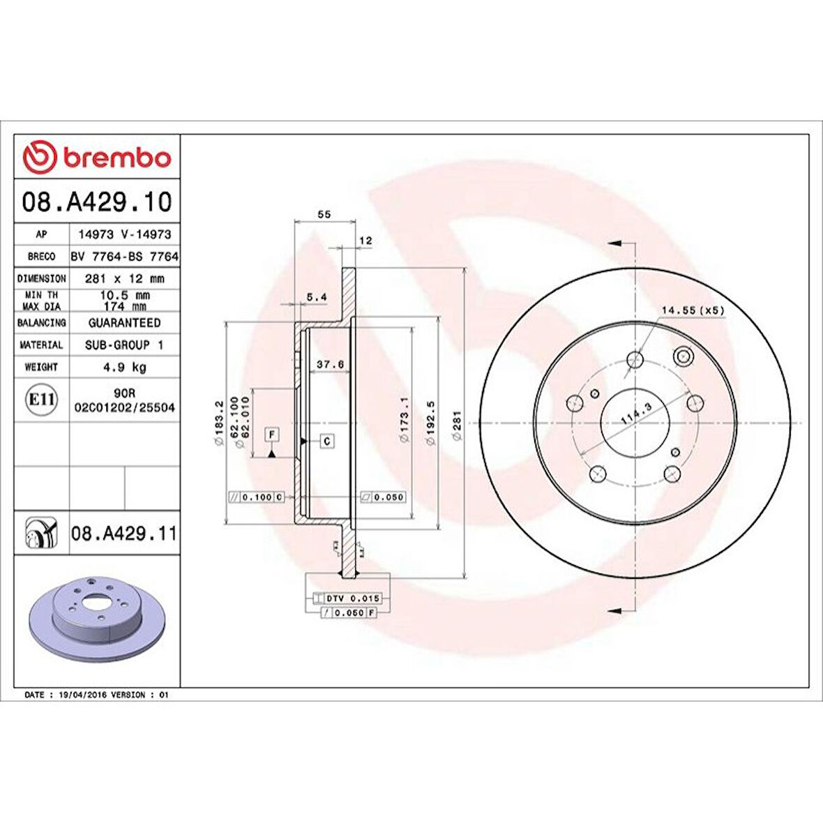 FREN DISK ARKA DUZ 281-5(TOYOTA RAV4 06/11  /RAV4 13-// )