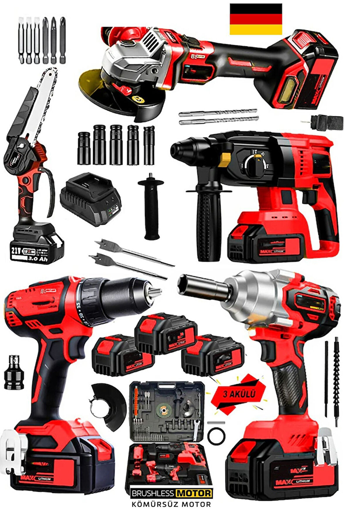 5 Makine Süper Seri x3 Akülü 40V 10AH Kömürsüz Dal Budama Kırıcı Delici Çelik Matkap Taşlama Somun